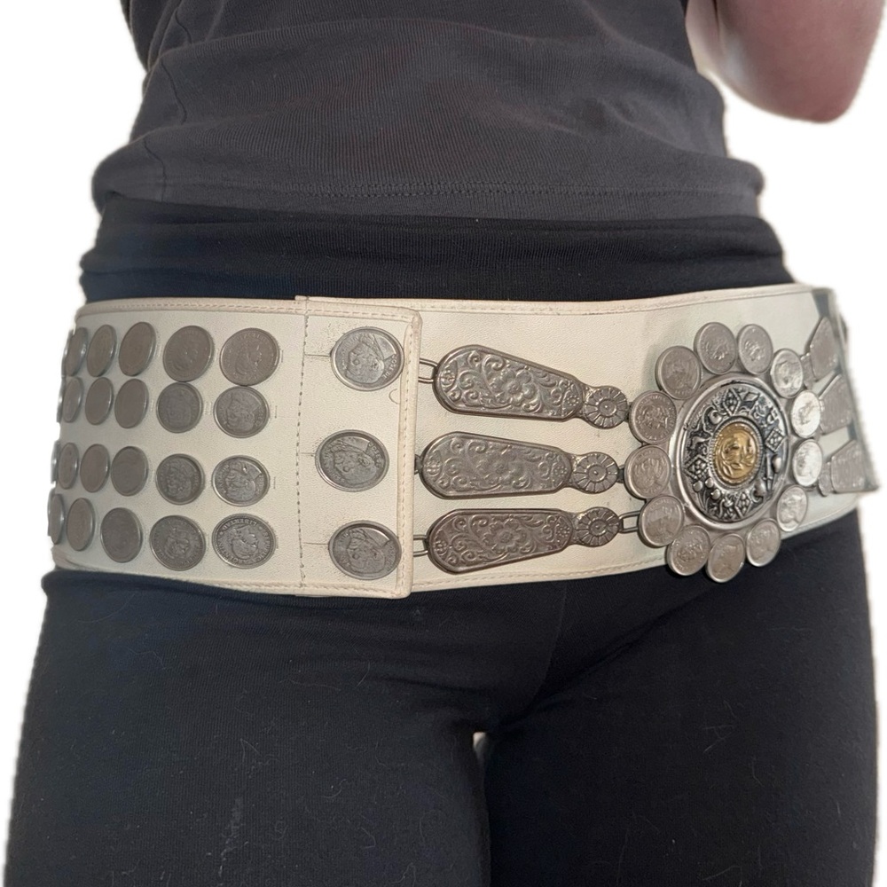 Cream leather and coin wide belt